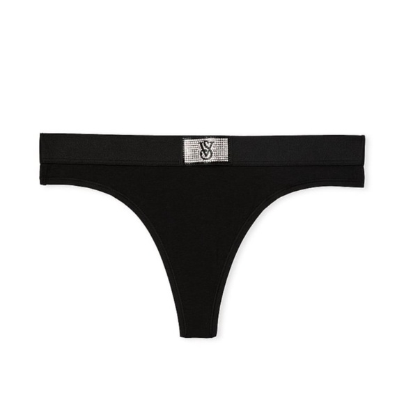 Victoria’s Secret Black Logo Shine Rhinestone Cotton Thong Panty NEW Size Small - Picture 8 of 9
